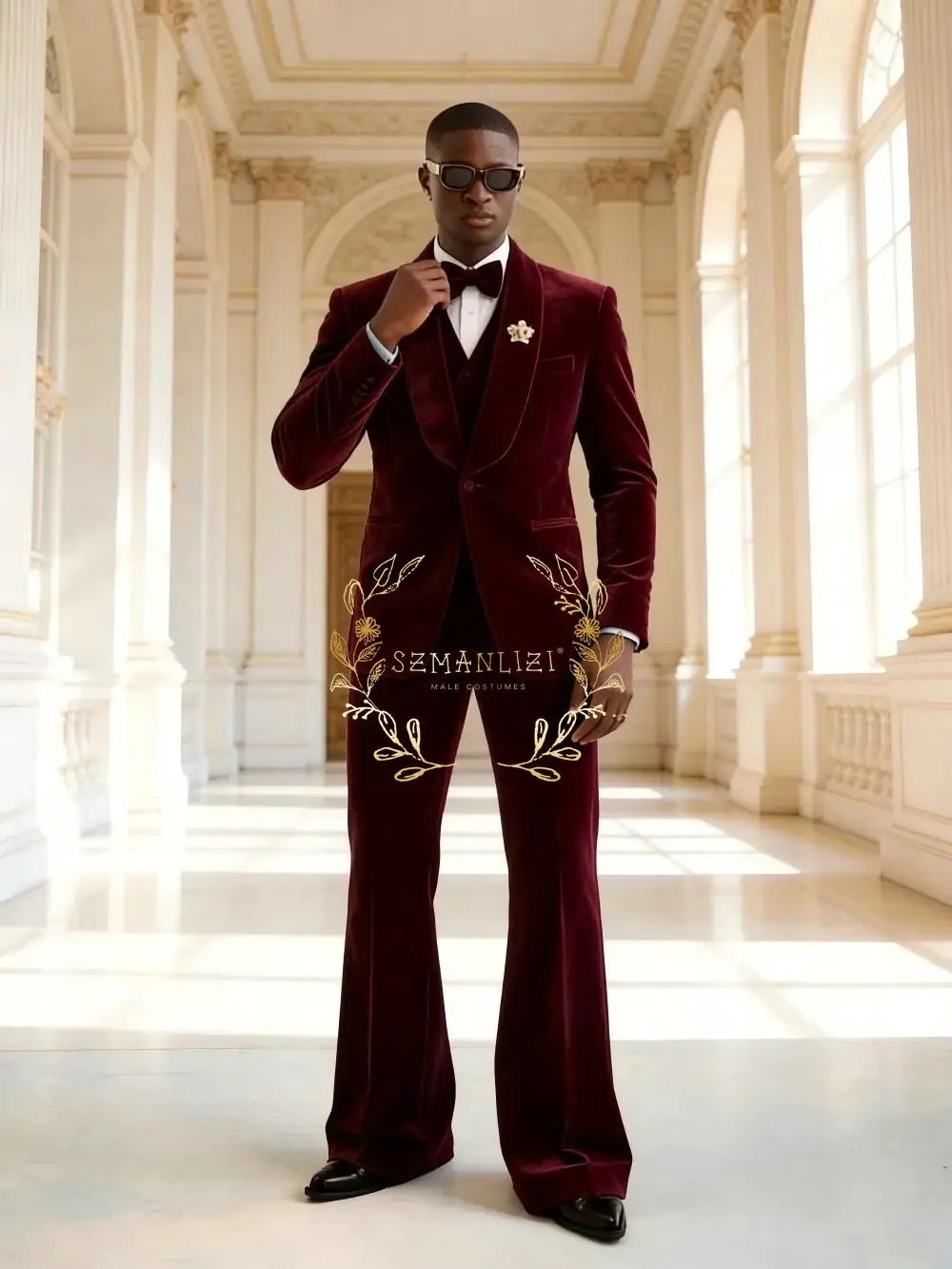 

Классический бордовый бархатный костюм для мужчин, наряд для свадебного банкета, модный костюм для жениха, вечерний костюм для ужина, мужской пиджак, жилет, брюки, 3 предмета