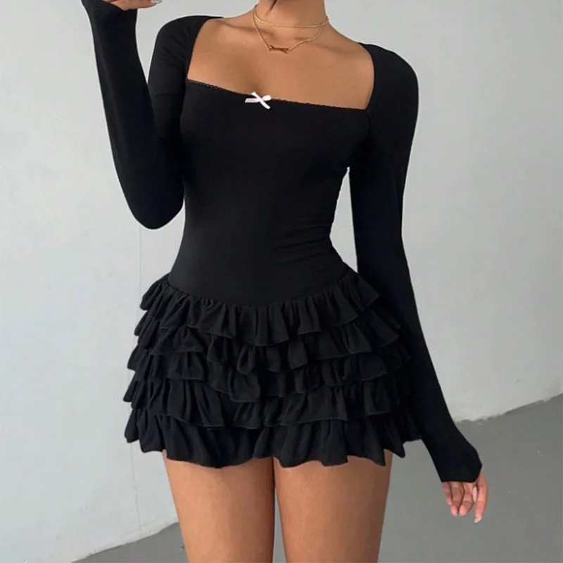 Ins Style Fashion Ruffles Cuciture in pizzo Tinta unita Classico dimagrante Manica lunga Decorazione torta Abito per donna Stile Y2K