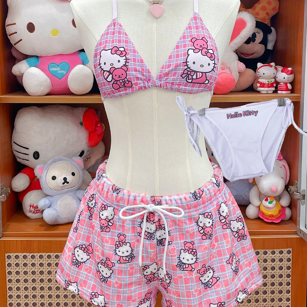 

Женский комплект бикини в стиле аниме с рисунком Hello Kitty, купальник Kawaii Hottie, розовый купальник, модный принт Y2K, пляжная одежда для девочек с принтом для фотосессий