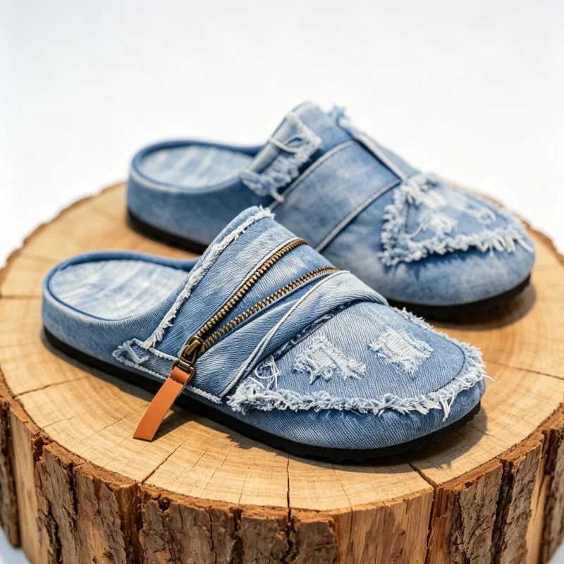 Light Blue Denim Mules with Frayed Edges, Distressed Holes Metal Zipper Design, Easy Slip-On Style, Retro Trendy and Versatile.