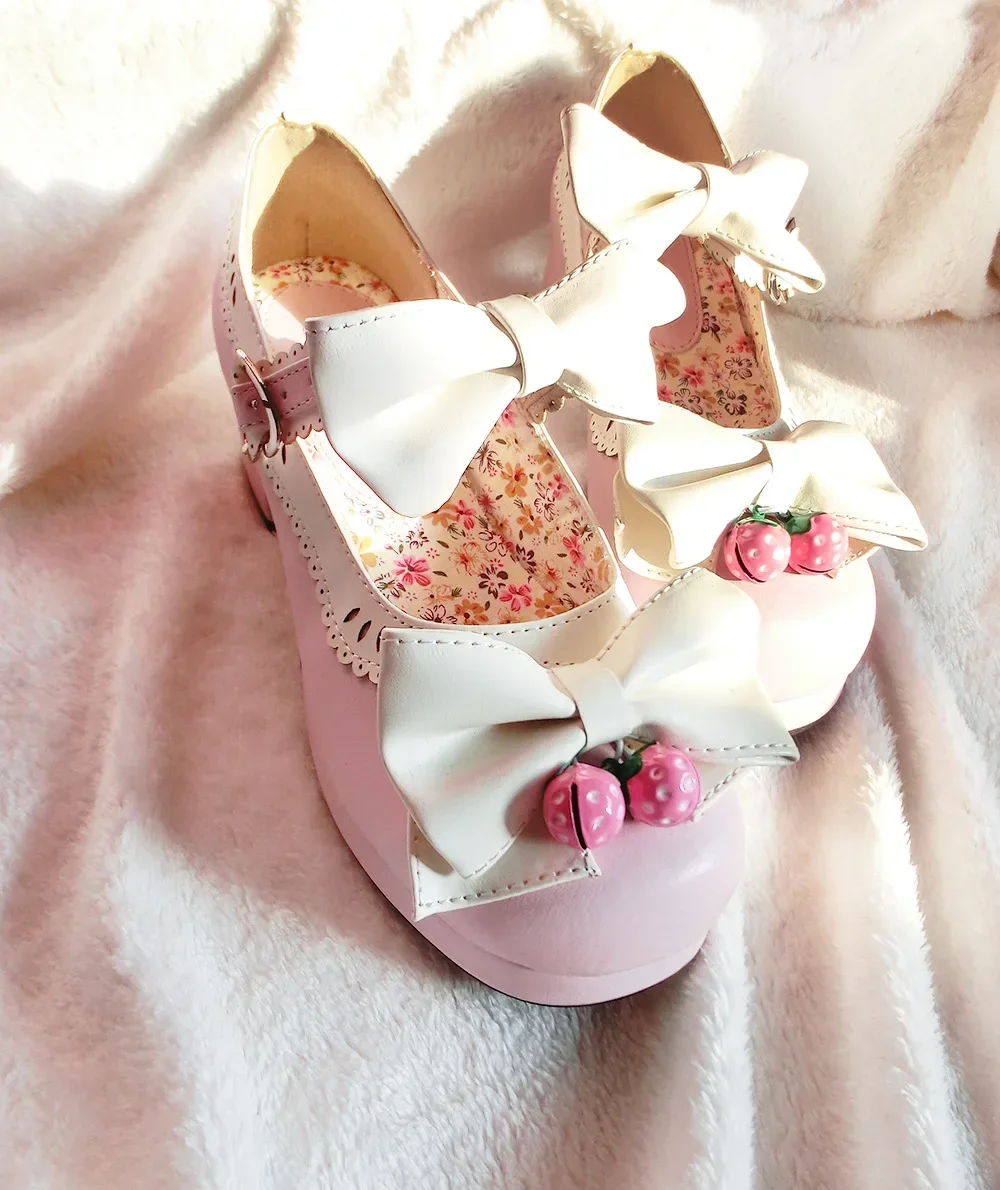 New Spring And Autumn Lolita Thick Heel High Heel Doll Shoes Strawberry Bell Sweet Shoes,cosplay Professional Shoes