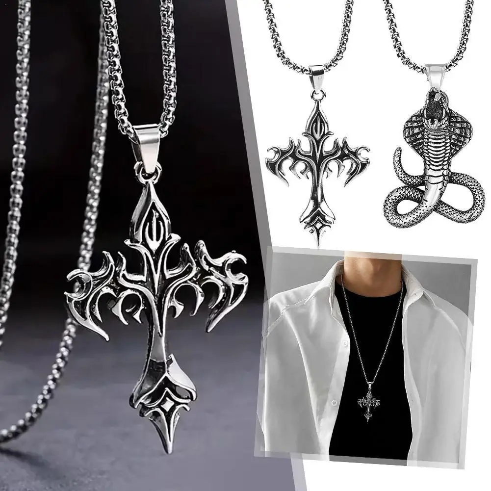 1pc Punk Style Steel Warrior Necklace Fashion Personalized Cross Flame Stainless Steel Snake Shaped Hip-hop Cool Pendant Jewelry
