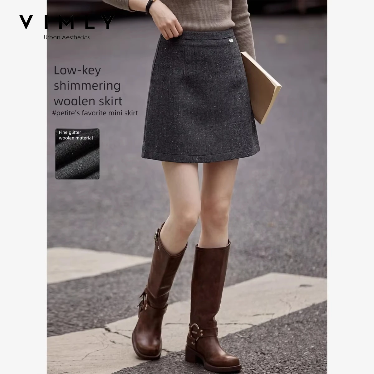 VIMLY Fashion Shimmer Wool Blend Grey Short Skirt 2026 Fall Casual Versatile Mini Skirt Elegant High Waist Female Clothing 31677