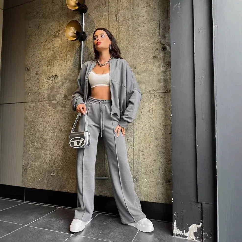 Sudadera de gran tamaño con cuello redondo y chaqueta informal, pantalones de pierna recta, moda Otoño/Invierno 2025, primavera