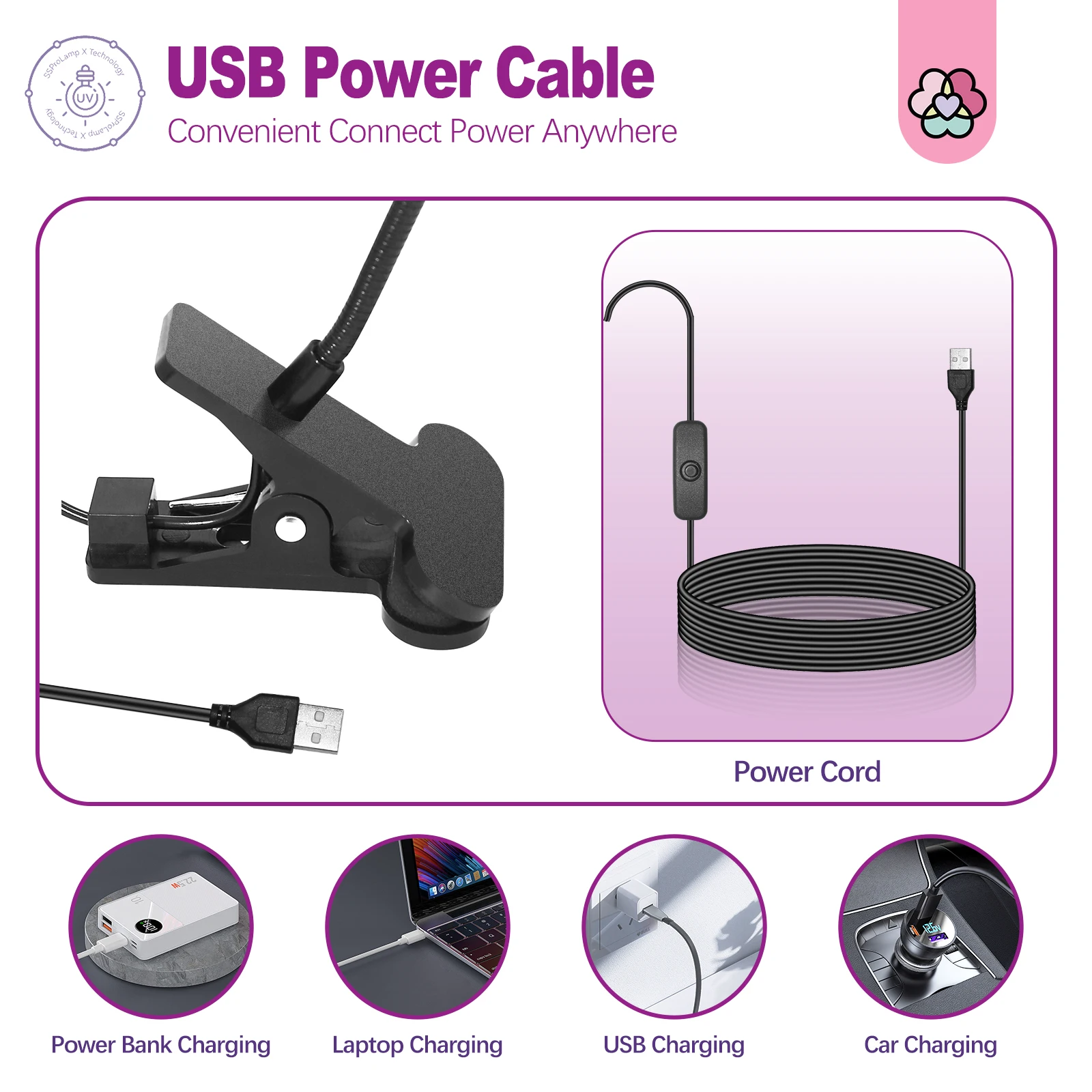 โคมไฟยูวีสำหรับทำเล็บแบบคอหงม Saviland 5W, 360 °   ไฟ LED ปรับระดับได้แบบแฮนด์ฟรีสำหรับการบ่มเจลเร็ว 10 วินาที สำหรับงาน DIY