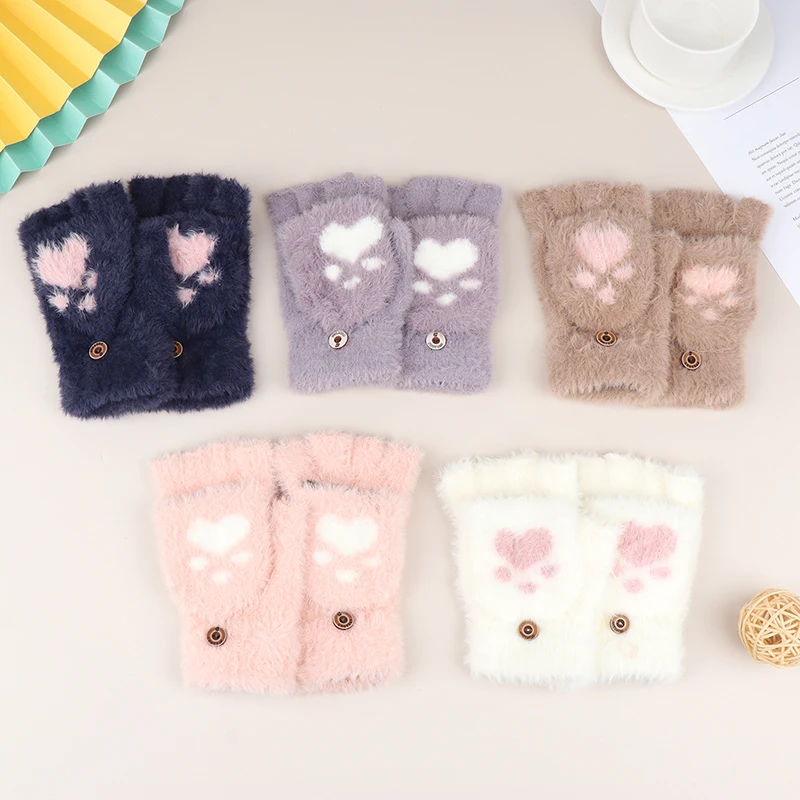 

1Pair Women Warm Cat Gloves Fashion Girls Cat Claw Paw Plush Mittens Soft Plush Short Fingerless Half Finger Winter Gloves