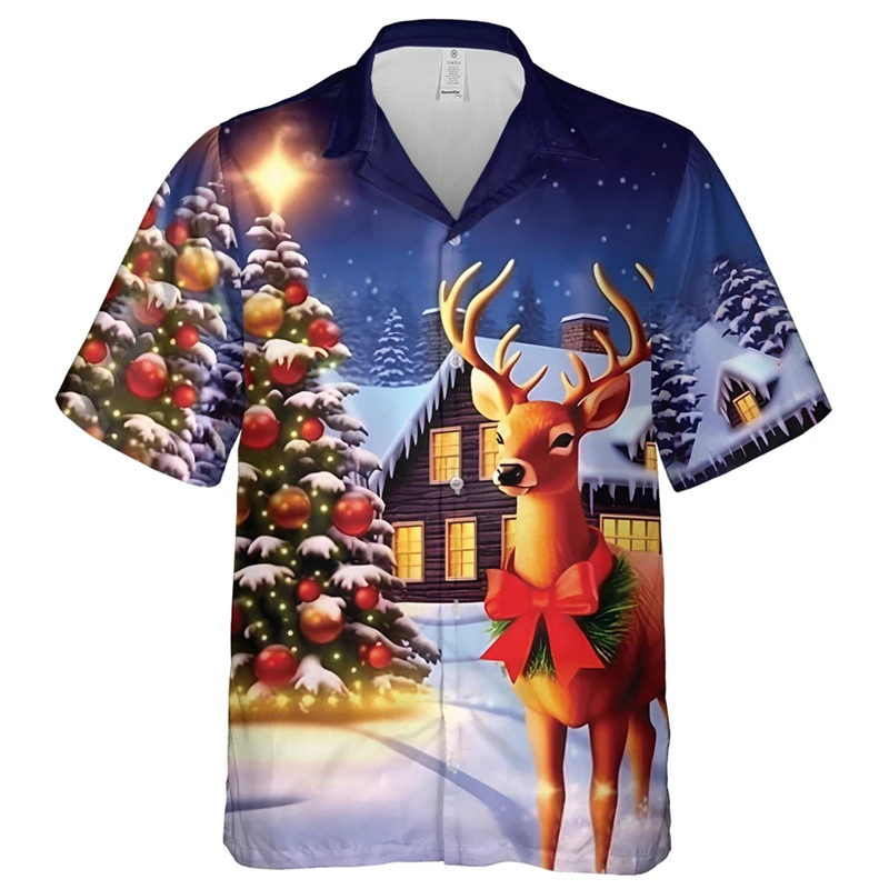 

Festive Hawaiian Christmas Carnival Short Sleeve Shirt Men New Year Santa Casual Y2K Tropical Plants Print Snow Scene Blouses