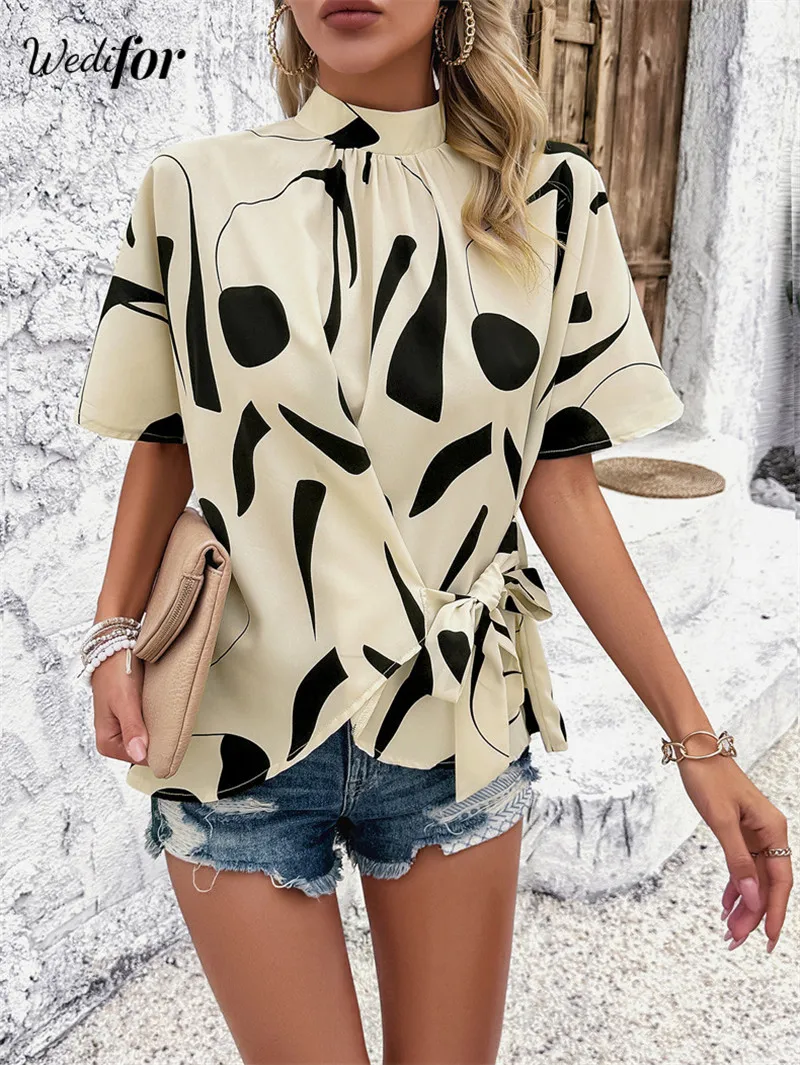 Wedifor Short Sleeve Printed Blouse For Women Elegant O Neck Lace Up Bow Casual Shirts Fashion Loose Ladies Tops Dropship