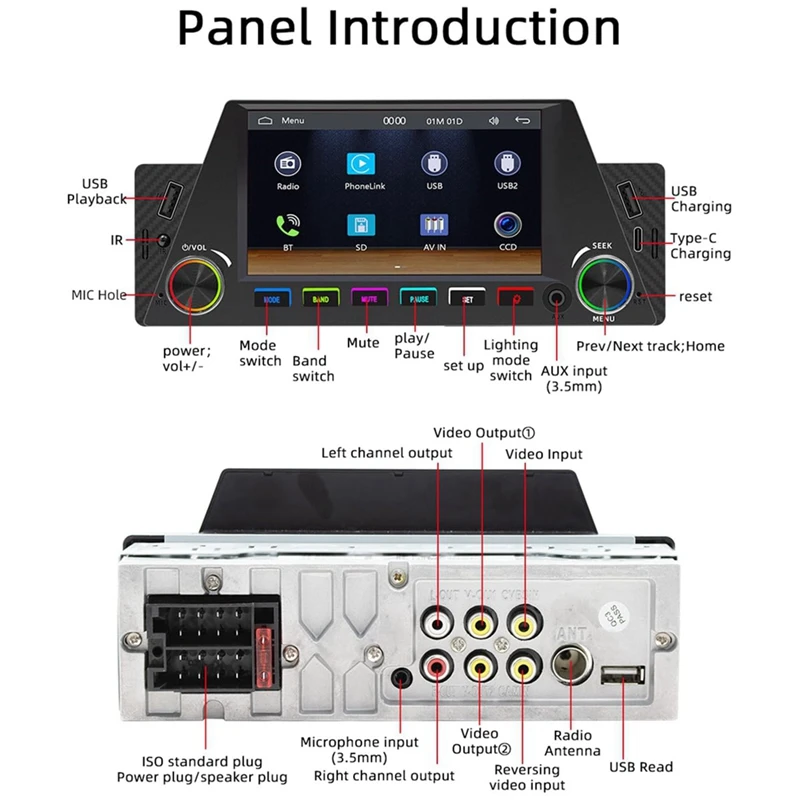 1 Din 4.7Inch Car Radio Wireless Carplay Android Auto Mirrorlink RGB BT USB Type-C Charging FM Stereo Reversing Camera