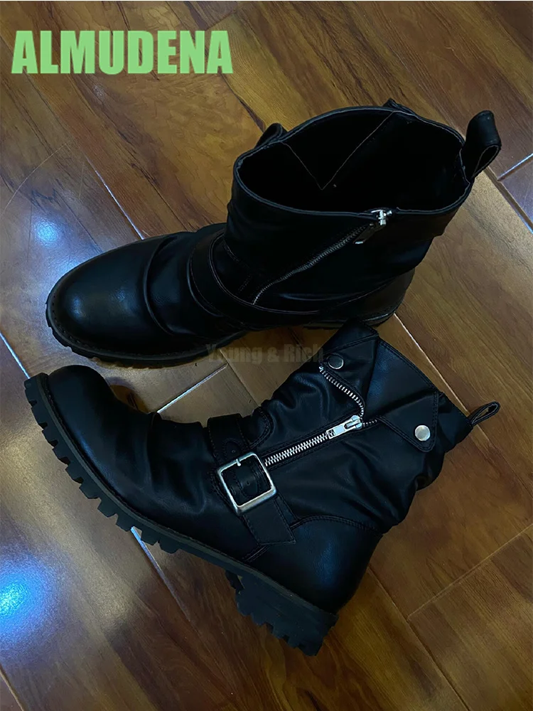 

Slant Zipper Pleated Motorcycle Boots Fashionable Trendy for Both Men and Women Side Zipper Western Style Leather Short Boots