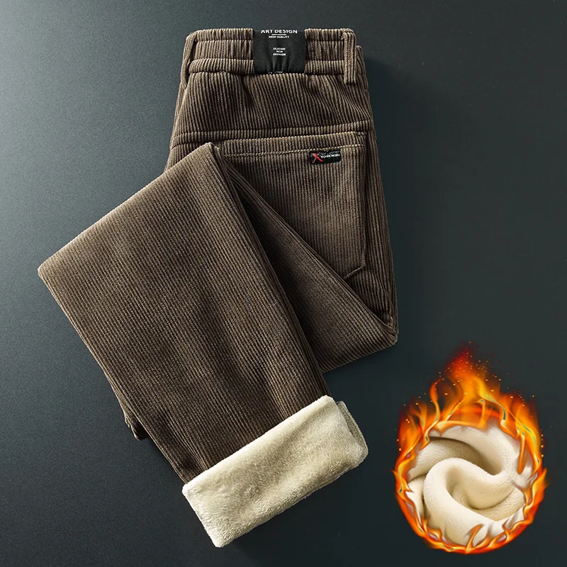 

Зимние флисовые теплые мужские повседневные брюки для улицы, деловые утолщенные флокированные плюшевые черные, серые, коричневые брюки с эластичной резинкой на талии, мужские