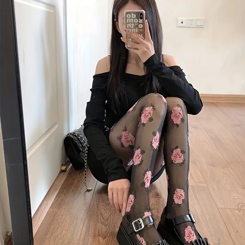 3 Pair Black Vintage Rose-patterned Anti-snag Tights Long Sticking With Flowers Beautiful Women Girl Thin Socks