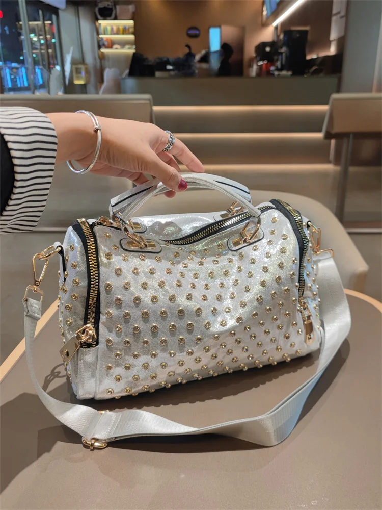 Кожаные женские сумки, модная бостонская большая вместительная сумка через плечо с заклепками, роскошная дизайнерская сумка-мессенджер Ita Bag