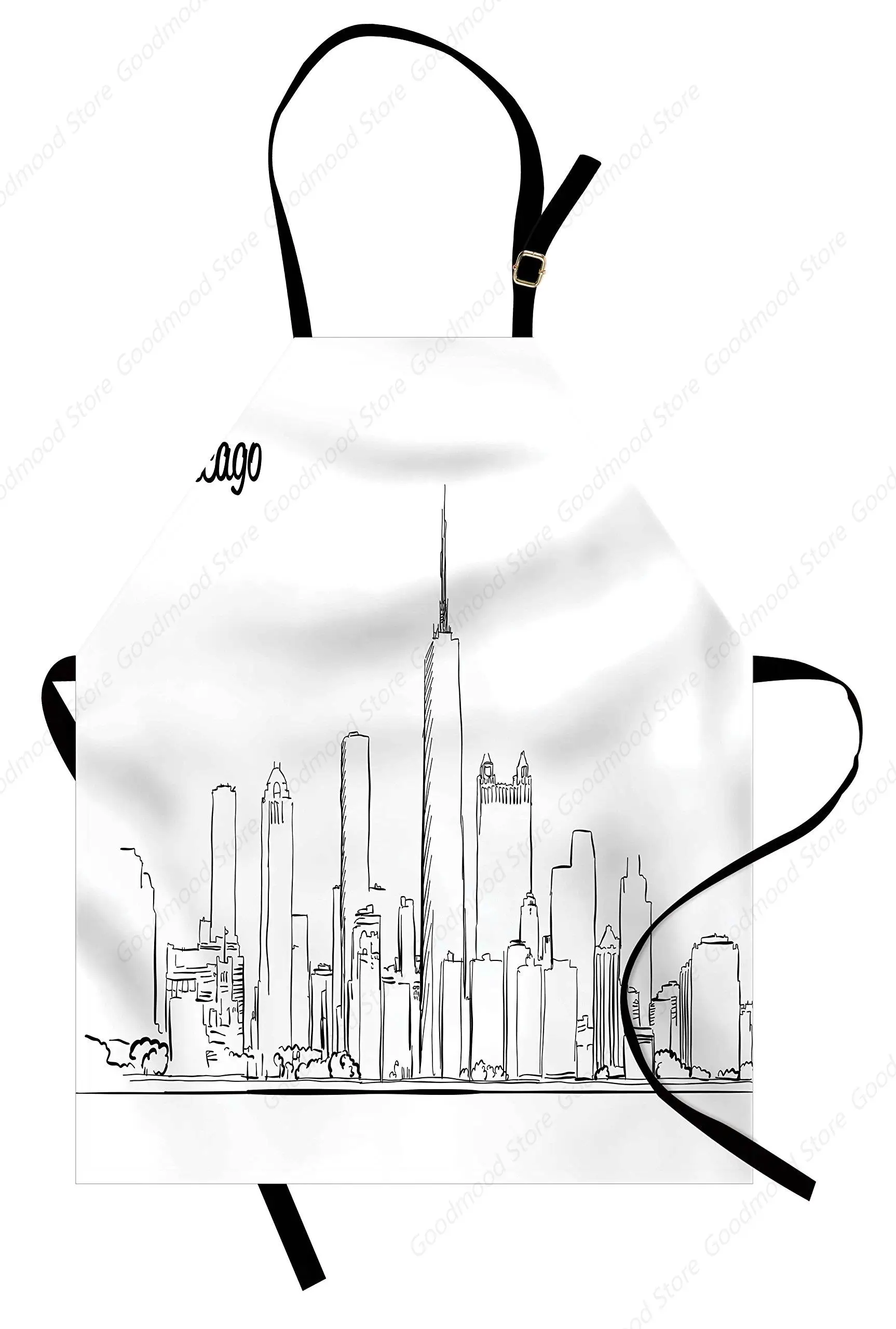 Chicago Skyline Apron, Hand Drawn City Silhouette Downtown Free Hand Sketch of Panoramic Landmark, Unisex Kitchen Bib Apron