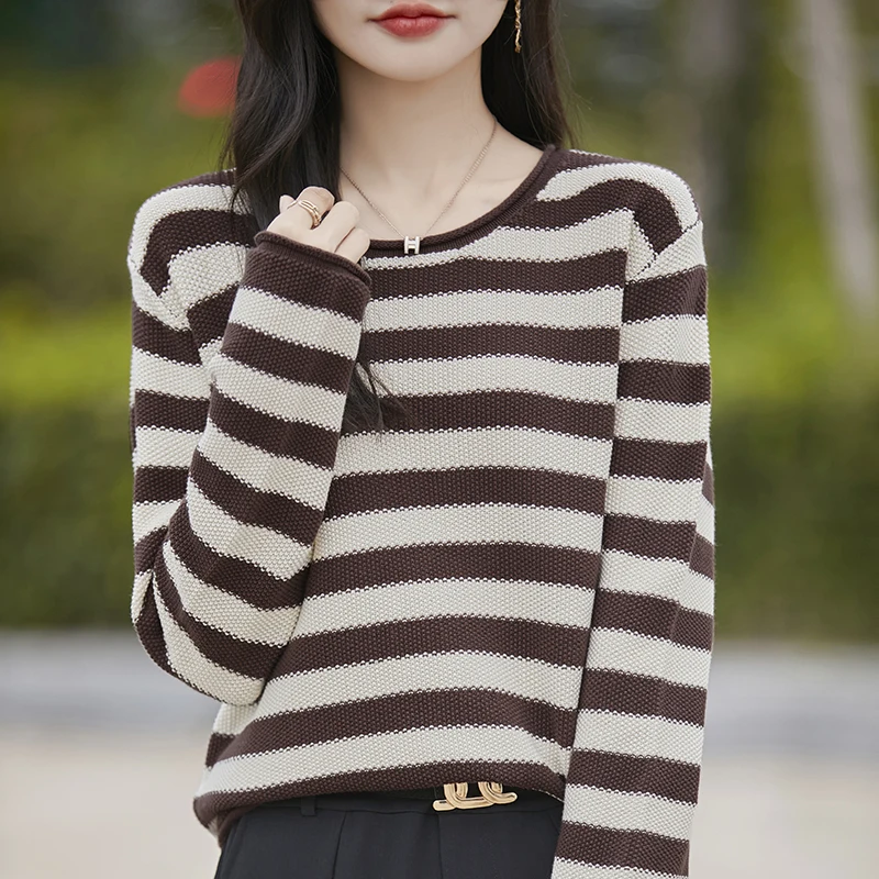 

Women 100% Cotton Striped Sweater Polo Collar Pullover Casual Color Blocking Knitwear Long Sleeve Spring Autumn Clothing Tops