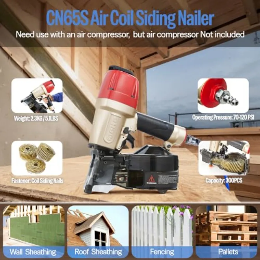 Pistola pneumática para unhas de revestimento, pistola leve com bobina de ar com profundidade do prego do nariz de segurança e ajuste de escapamento 360