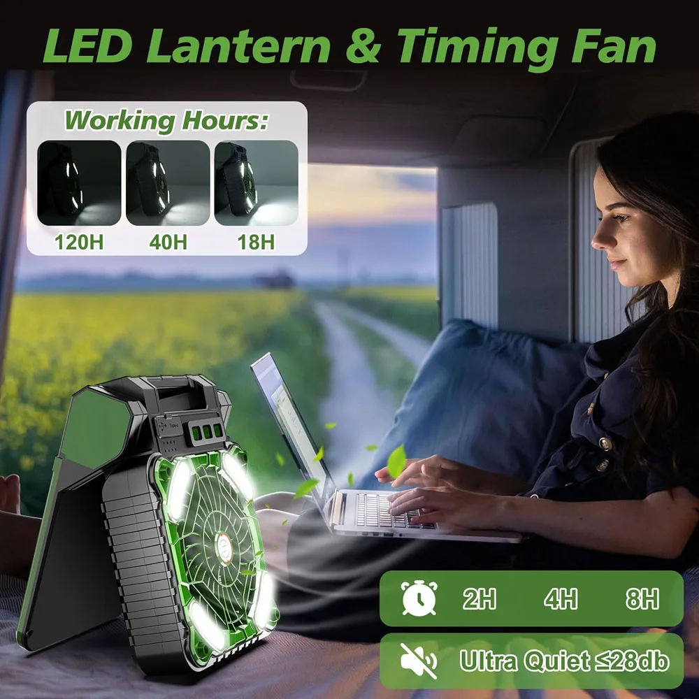 Camping Fan With LED Lantern Solar Powered Portable Desk Fan,4 sleep timers&4 Speeds Wind&90° Folding Rechargeable For Tents Job