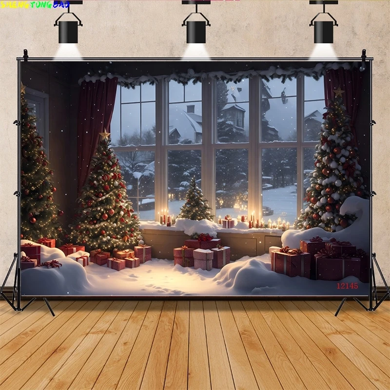 

Vinyl Custom Christmas Day Fireplace Photography Backdrops New Year Candy Chimneys Snowflake Window Studio Background WW-50