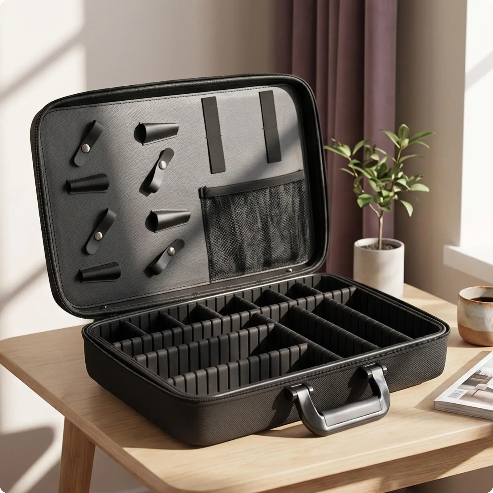 Black Oxford Hair Stylist Organizer Tool Case Filled with Adjustable Compartments for Salon and Barber Use