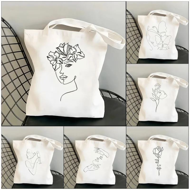 Vintage Face Line Pattern Female Canvas Tote Bag Large Capacity Shopper Shoulder Bags Reusable Casual Shopping Handbag for Women