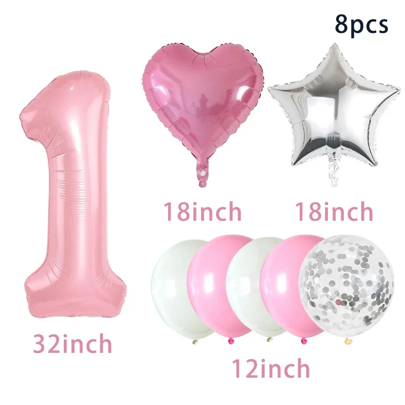 8pcs Pink Birthday Party Decor Set Love Heart Star 32inch Silvery Number Balloon 1-9 Kids Adult Baby Shower Anniversary Supplies