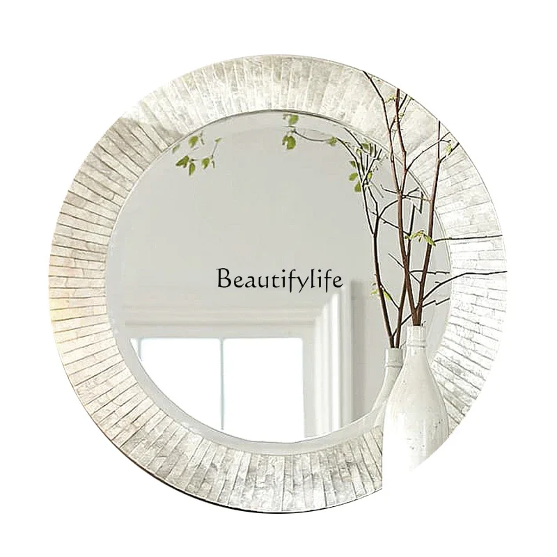 Light luxury shell bathroom light mirror round entrance makeup mirror living room wall decoration