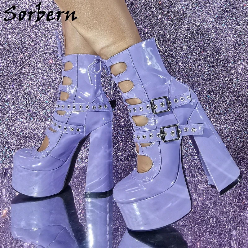 Sorbern Lavender Patent Ankle Boots Women Gladiator Style Buckle Straps Round Toe Thick Platform Block High Heel Shoes