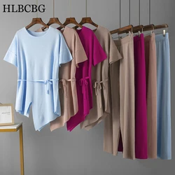 HLBCBG 2023 Ladies Casual Pants Suit Summer Tracksuits Spring 2 Piece Loose Sets Women Short Sleeve Knitted Sweater Female Top