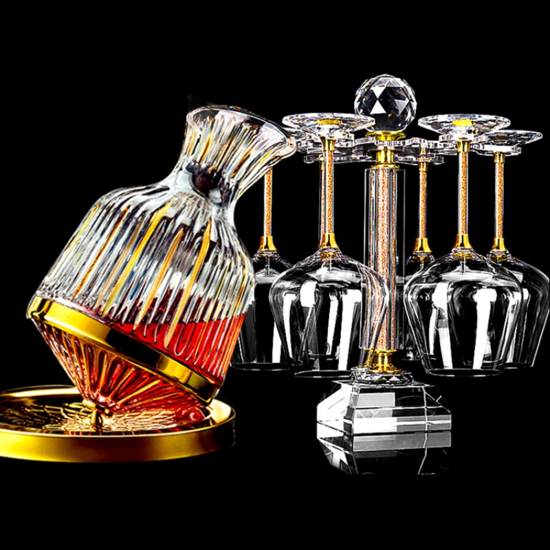 

High end Gold Luxury Burgundy Red Wine Cup Set with Spinning Gold Waker Crystal Glass High Foot Cup for Home Use