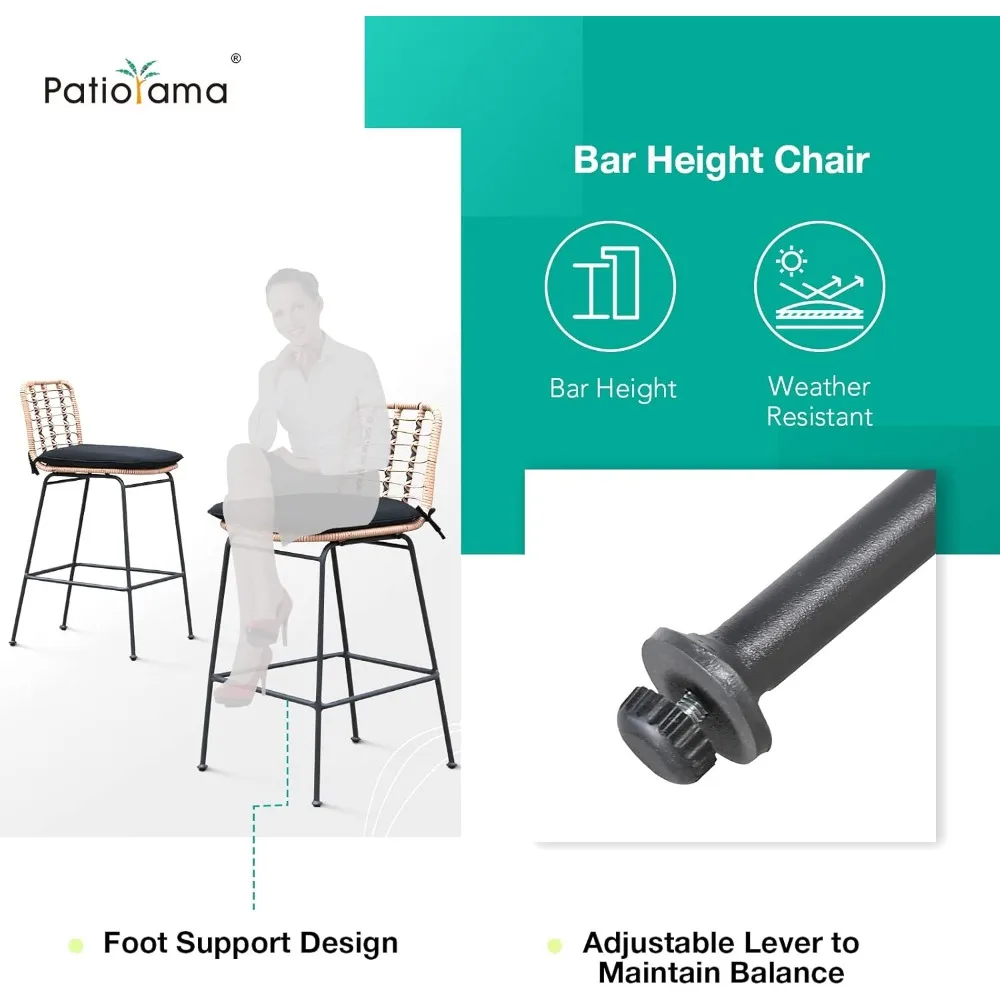 مجموعة مقاعد بار خارجية مكونة من 4 قطع، ومقاعد بارتفاع منضدة الفناء وكراسي بار مع مسند للقدمين، مجموعة بار من الخيزران البيج المنسوج يدويًا بدون ذراع