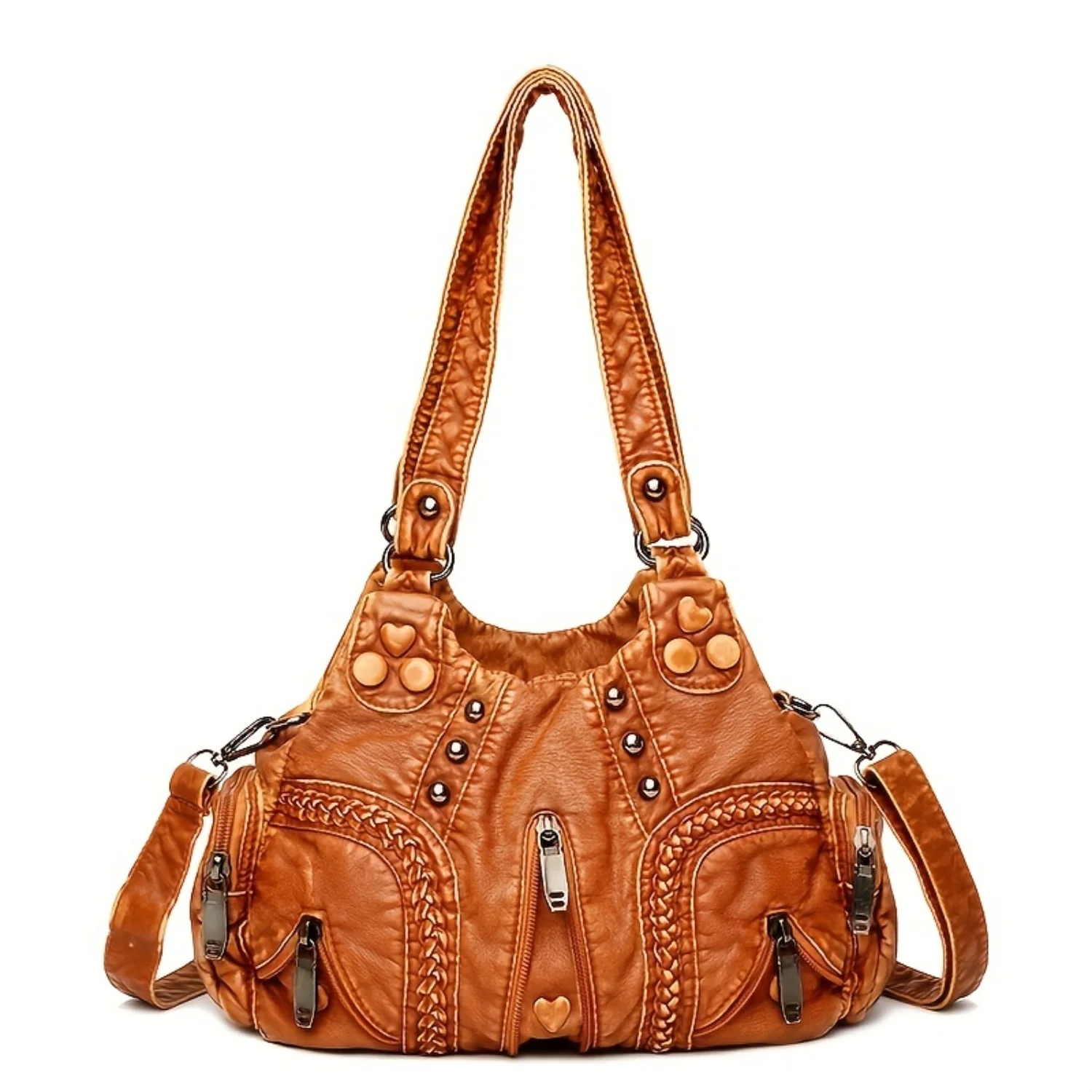 Vintage PU Leather Studded Decor Handbag - Women's Colorblock Crossbody Satchel Purse