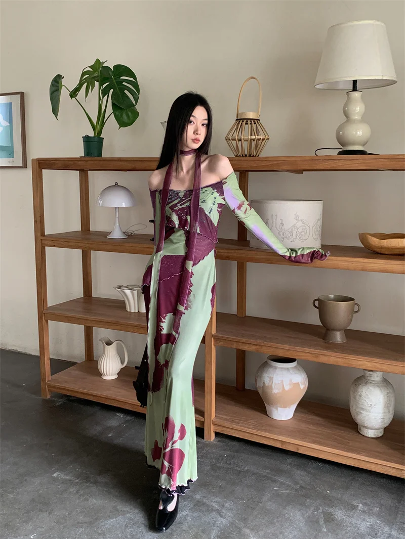 CHEERART Off The Shoulder Long Sleeve Mesh Maxi Dress 2024 Women Bodycon Tunics A Line Backless Ladies Long Dress Fall Fashion