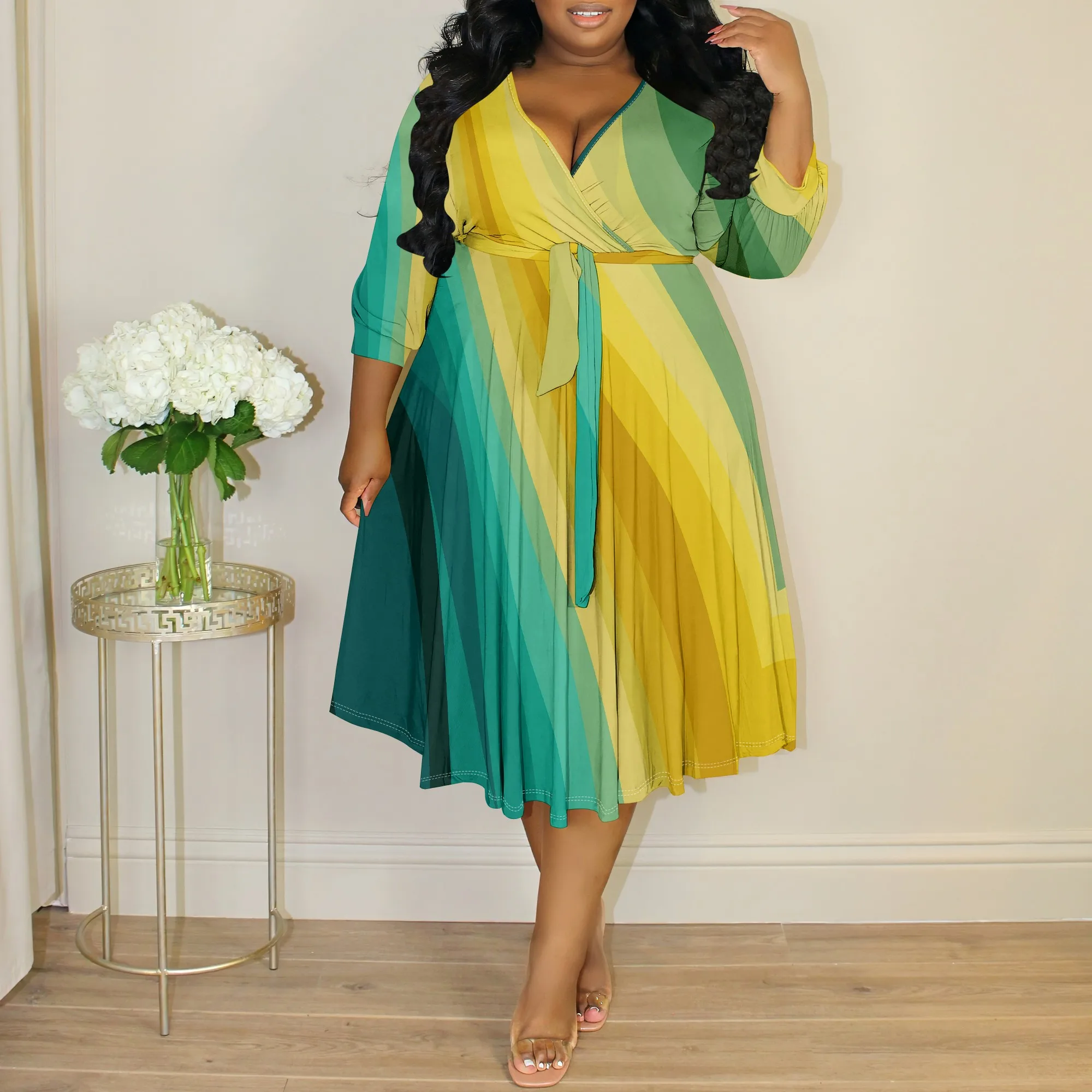 

Gradient Color Women's Wrap Dress 2025 New Arrival V-Neck Long Sleeve Plus Size Dress XL-6XL