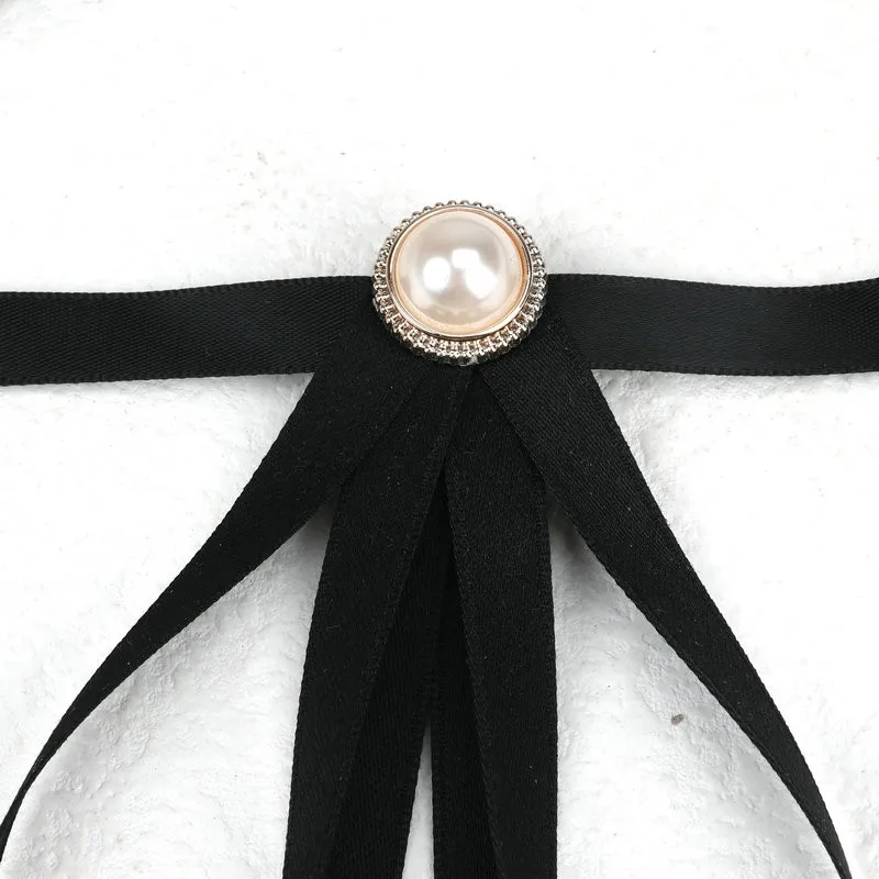 Pearl Ribbon Brooches Pin Bow Tie Vintage Pre-Tied Collar Black Blue Bowknot White Shirt Necktie Clip Women Girls Clothes Ties