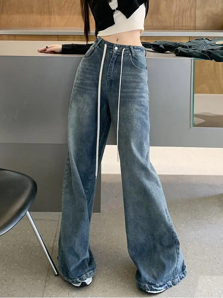 

Spring Summer Blue Baggy Wide Leg Jeans Women Vintage Streetwear Washed Denim Long Pants Basic Drawstring Lace-up Trousers Trend