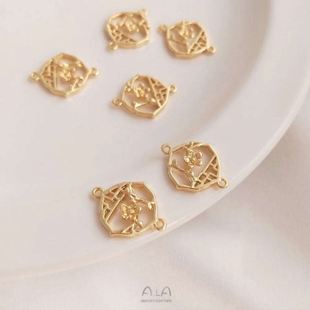 1Pcs Copper Charms 14K Gold Color Plum Blossom Window Pendant Double Hanging Connector Handmade DIY Antique Earrings Hairpin