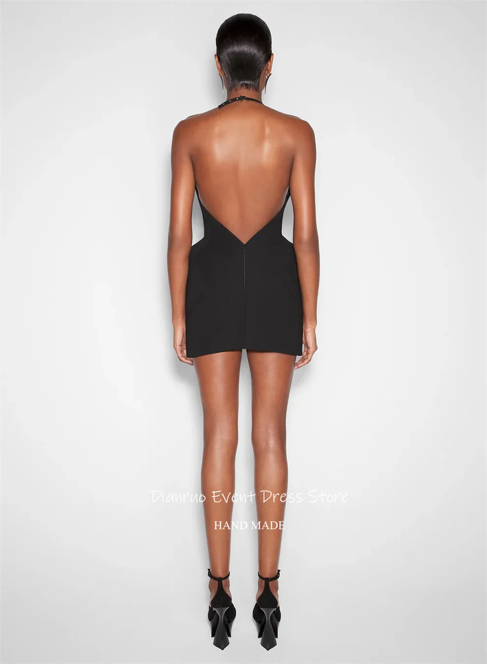 Dianruo Black Fashion Prom Dress Alluring Mini Length Homecoming Dress Sleeveless Halter Neck Abito Cerimonia Donna Customized image 4