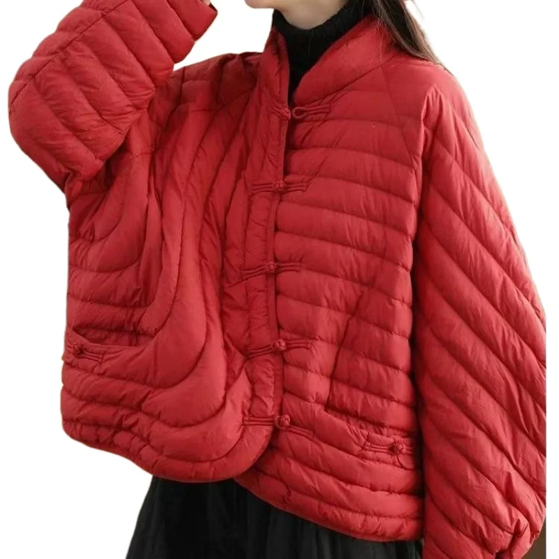 Stand-up Collar Loose White Duck Down Jacket Temperament New Chinese Ankola Red Buckle 2026 Popular Winter High-end Down Jacket