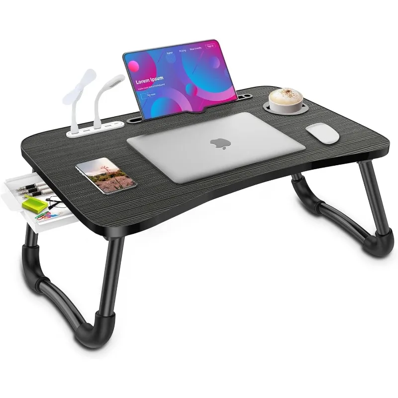 Laptop Lap Desk, Foldable Laptop Tray with 4 USB Ports Storage Drawer and Cup Holder, Desk Stand