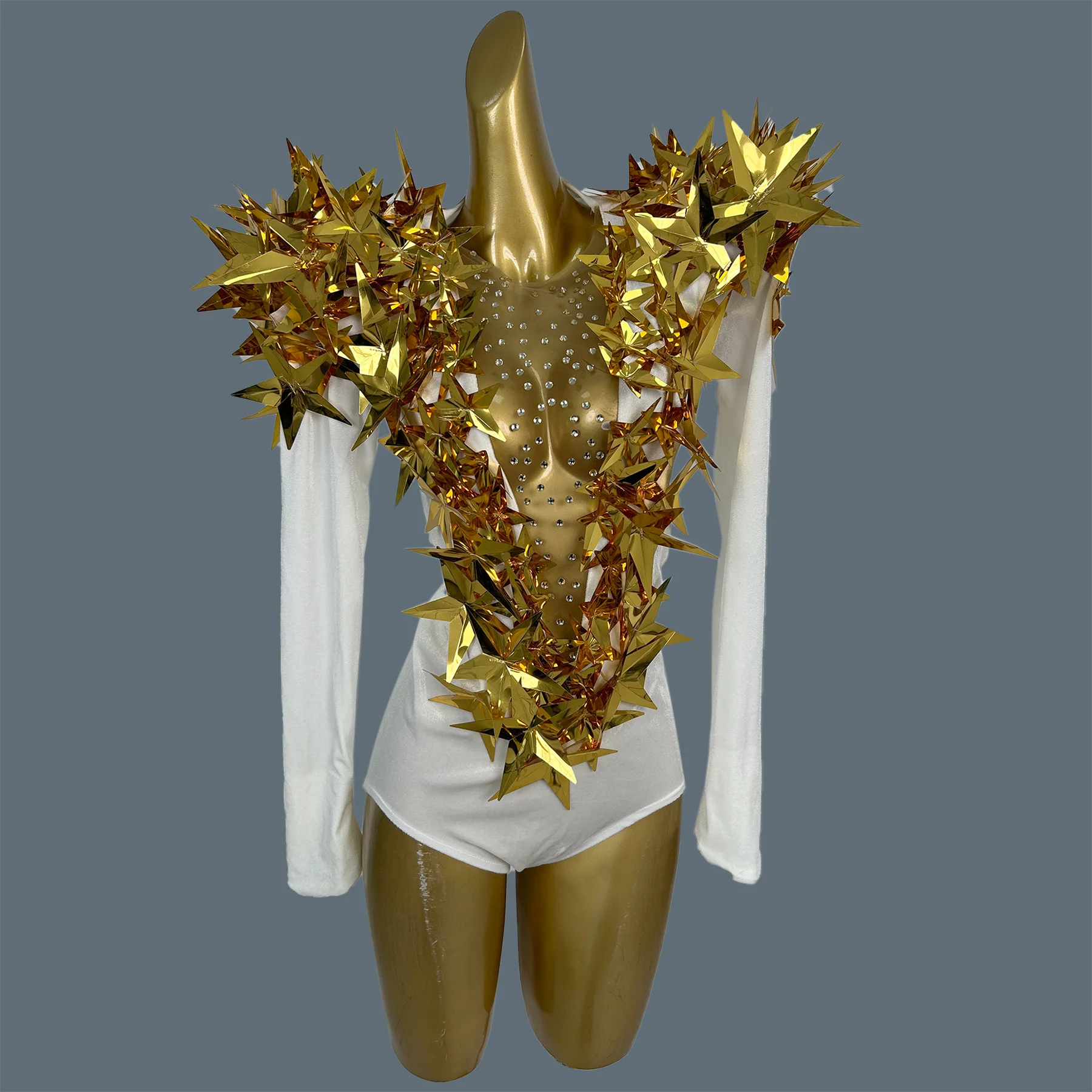 

Designer Sparkly Rhinestone Bodysuit Five-pointed Star Sequins Velvet Deep V Neck Party Outfit Women Dance Show Outfit Hengxing