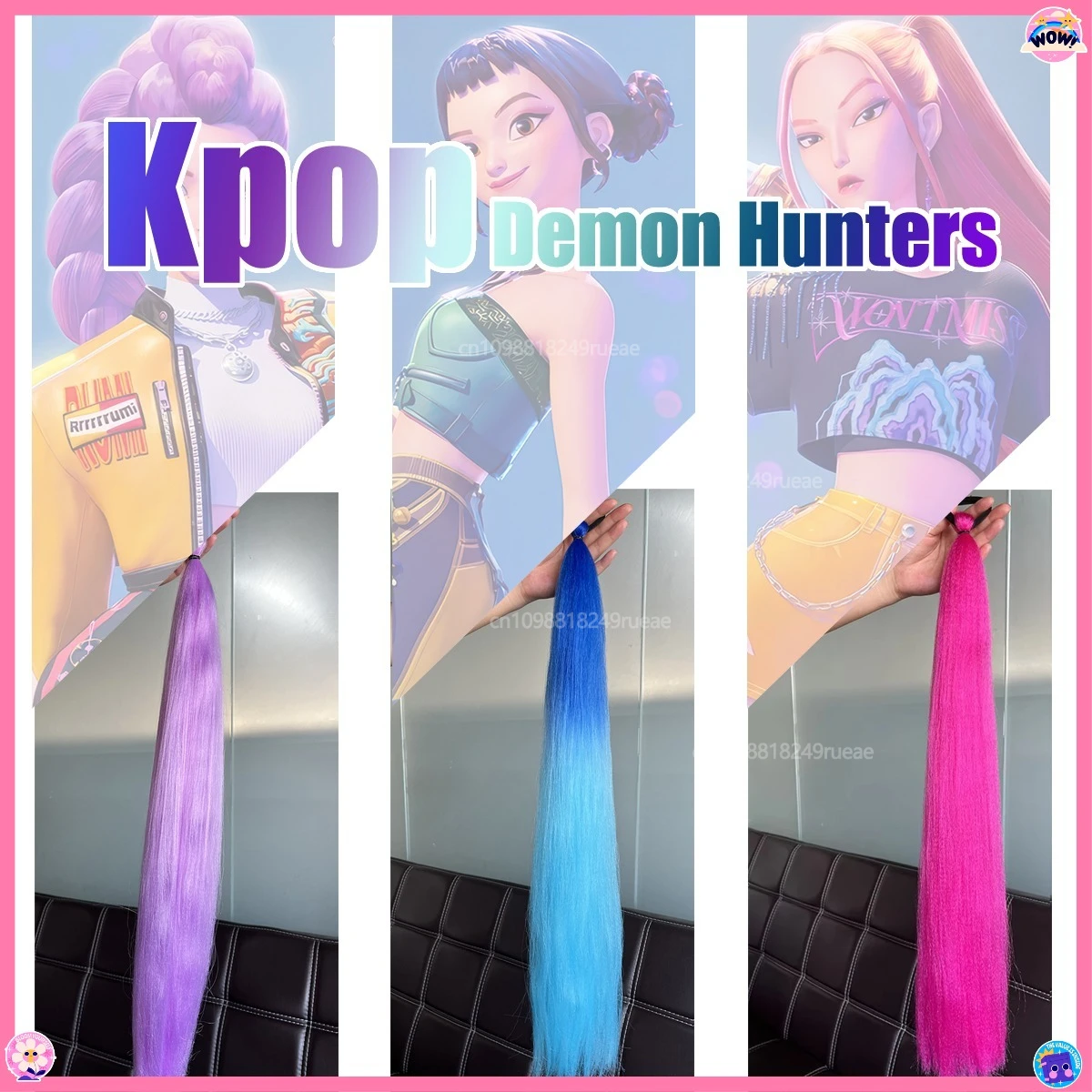 (Tweedelige set) Kpop Kids Meisjes Cosplay Pruik Mira Rumi Zoey Demon Hunters Paars Zwart Rood Lang Haar Cosplay Props synthetische