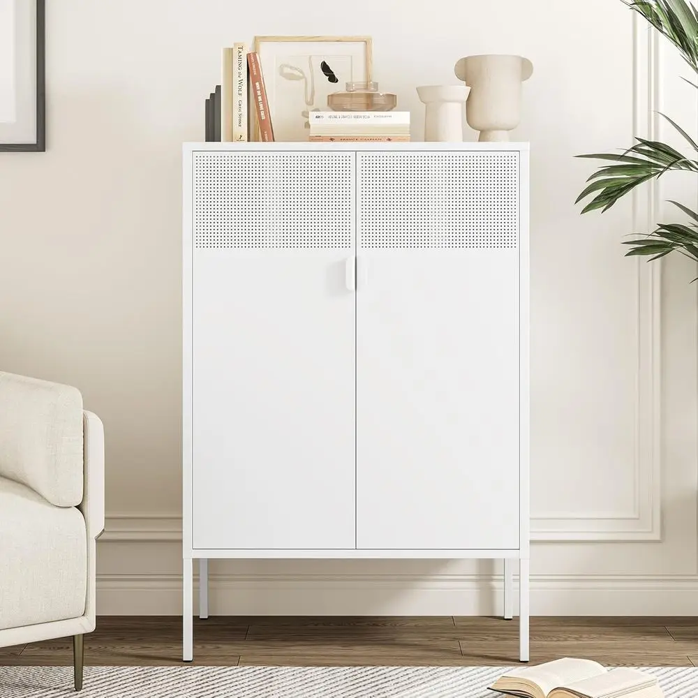 

White Metal Storage Cabinet with 2 Adjustable Shelves for Kitchen, Pantry, Shoes, Office, and Dining Room