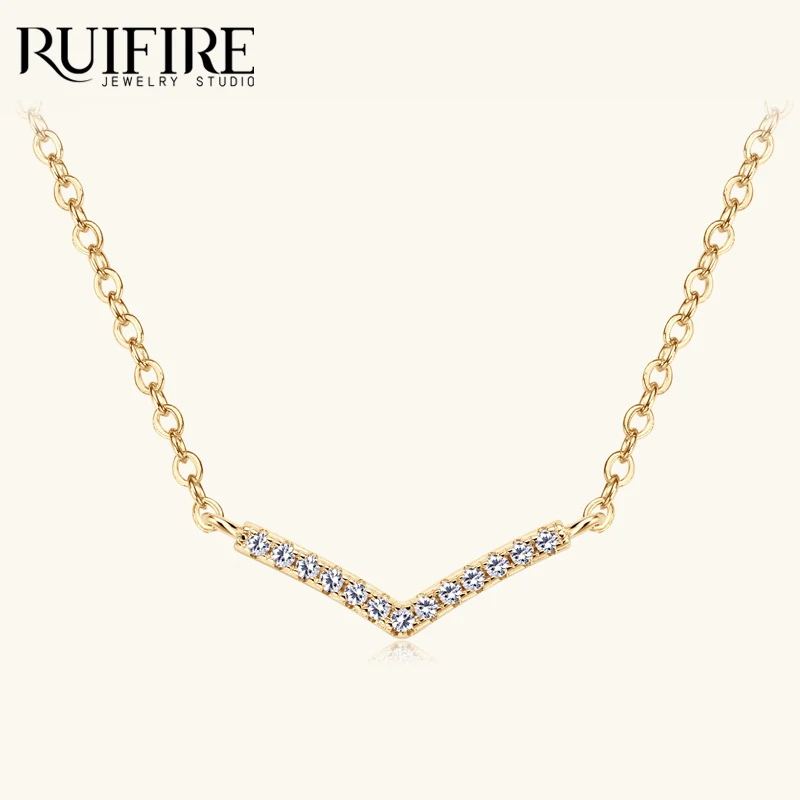 

RUIFIRE V Shaped Moissanite Pendant Necklace 14K Gold Plated S925 Sterling Silver Chain Necklaces Women Daily Wear Jewelry Gift