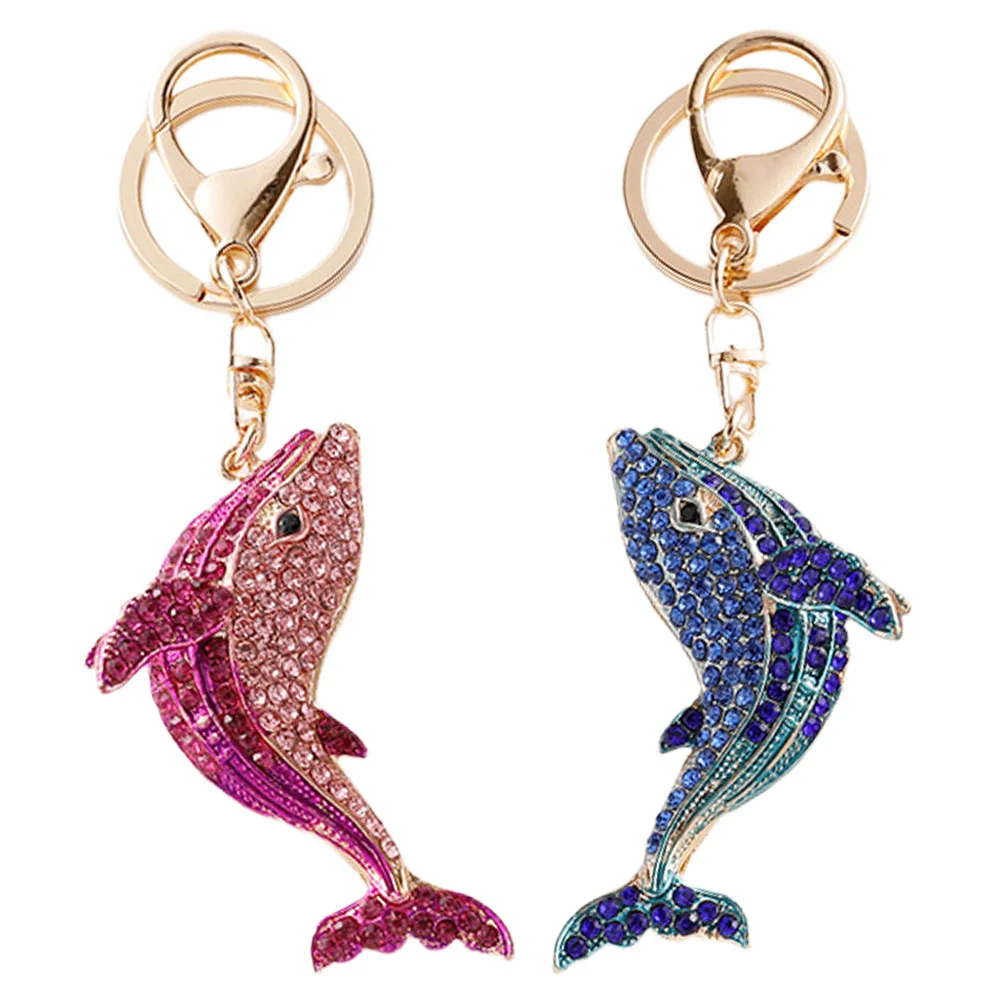 2 Pcs Marine Life Series Keychain Keyring Dolphin Hanging Decor Fashion Charms Alloy Purse Pendant Rhinestone