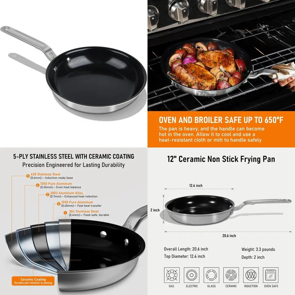 

Профессиональная 12-дюймовая сковорода с антипригарным покрытием — 5-слойная нержавеющая сталь, без ПТФЭ и PFOA, посуда премиум-класса для здорового приготовления пищи