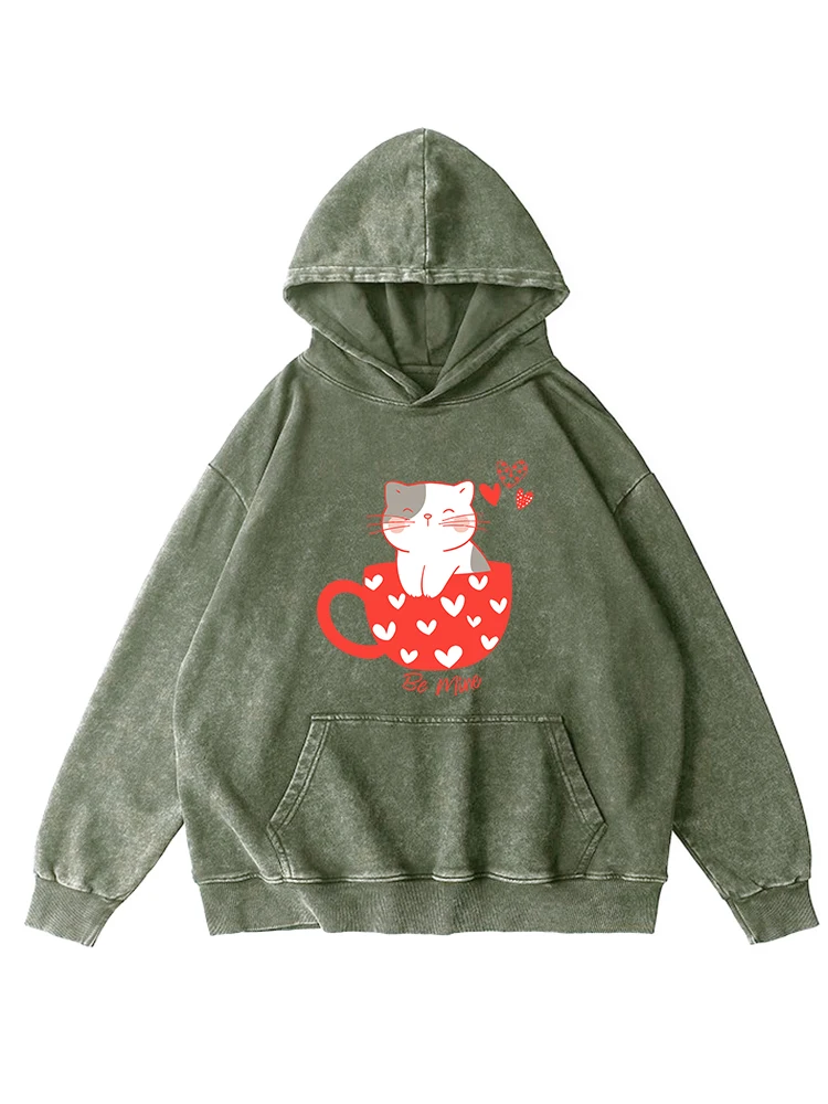 Sudadera con capucha de algodón lavada desgastada con estampado Kawaii de gato en la Copa para mujer, jersey informal de calle con capucha para otoño, Jersey holgado y cálido para mujer