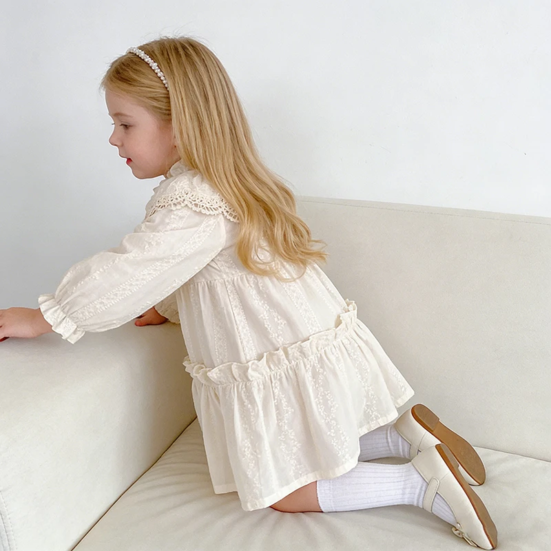 Girls Dress Baby Girls Sweet Girl Dress Ruffle Trim Long Sleeve Dress Lace Collar Going Out Casual Dresses Gift Little Clothes