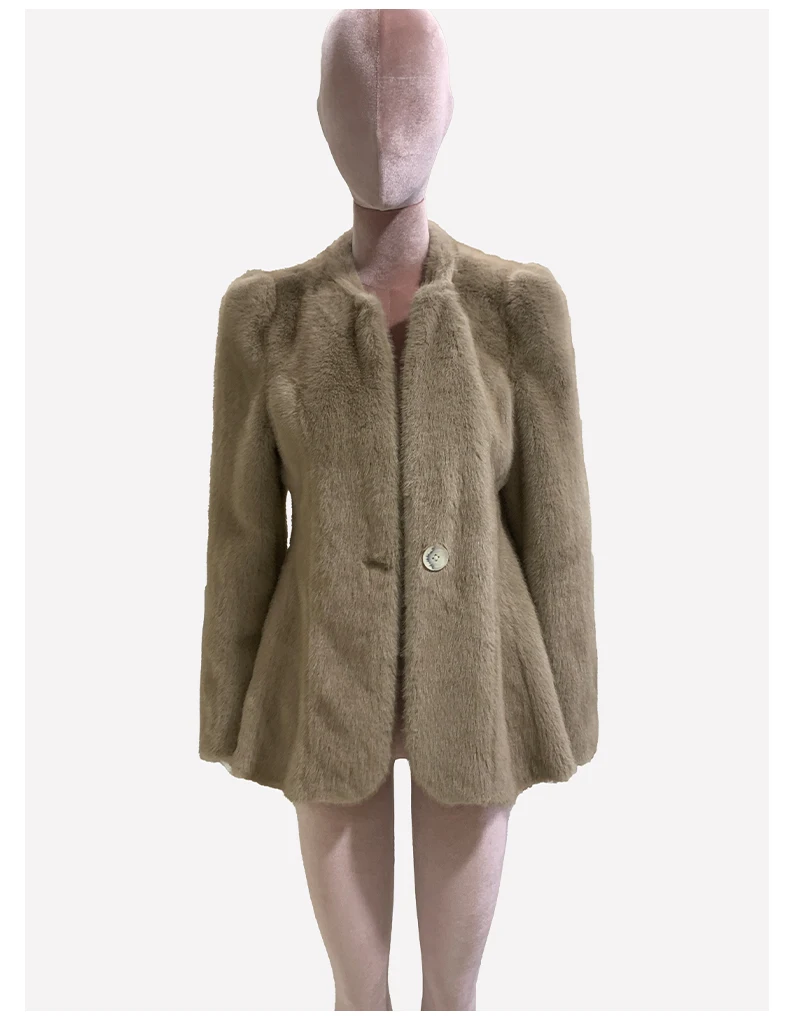 Nerazzurri Autumn Winter Elegant Luxury Chic Short Fitted Faux Fur Blazer Women Single Button Puff Sleeve Fluffy Jacket 2024