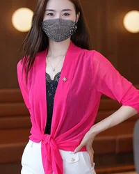 Size M-3XL Summer Mesh Short Coat Women Long Sleeve Casual Stretchy Cardigans Lady Solid Fashion Outwear