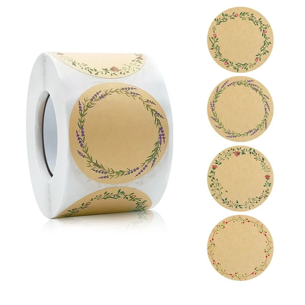 

500Pcs/roll Kraft Paper Kraft Paper Sticker Adhesive Round Label Sticker Vintage Wreath Pattern Sticky Labels Gift Packaging